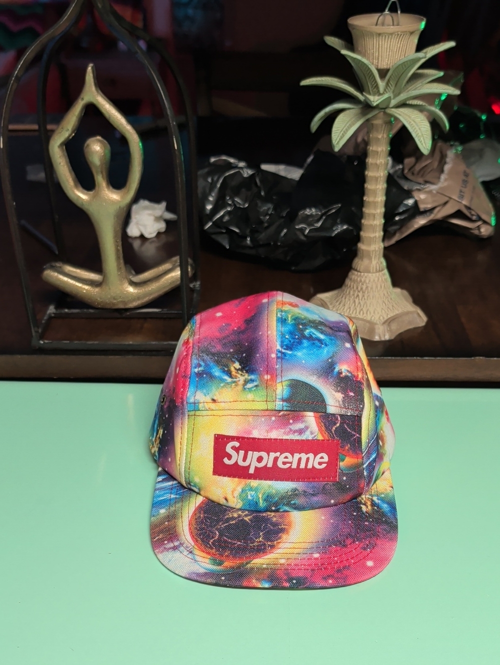 Supreme Red-Logo Multicolor Galaxy 5-Panel Hat